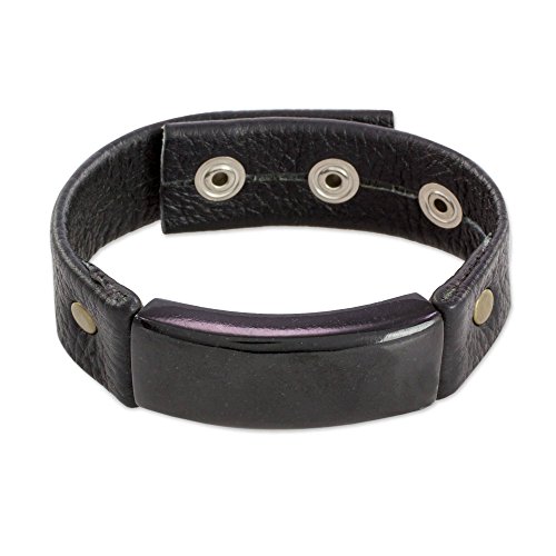 NOVICA Jade Brass Leather Wristband Bracelet, 6.5" 'Black Fortress'