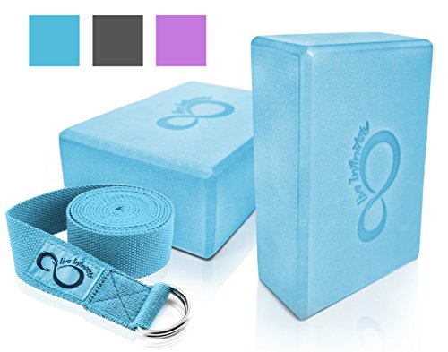Premium Yoga Blocks & Metal D Ring Strap Yogi Set (3PC) 2 High Density EVA Foam Blocks to Support & Deepen Poses, Improve Strength & Flexibility- Lightweight, Odor & Moisture Resistant (Teal)