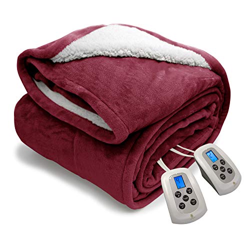 MARQUESS Queen Electric Blanket Sherpa and Reversible Flannel Washable Heated Blanket with 10 Heat Settings/Safety 10 Hours Auto-Off Dual Controllers with 1 Year Warranty(84x90''Burgundy) - Thumbnail 7