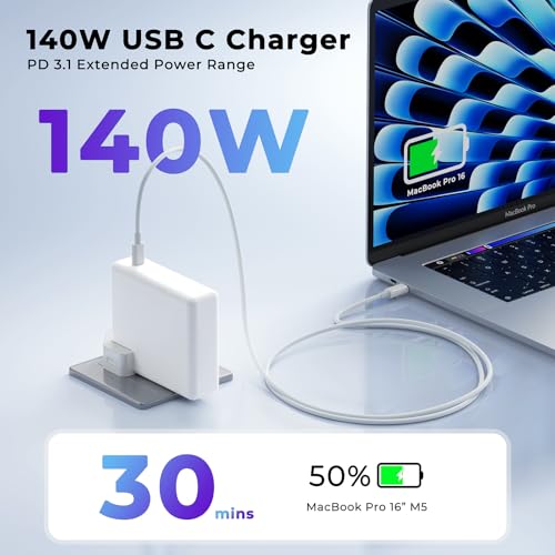 MacBook Pro Charger 140W USB‑C PD 3.1 Fast Charging Adapter for MacBook Pro 13/14/15/16 & MacBook Air 13/15 (2016–2026, M1/M2/M3/M4/M5), iPad Pro/Air/Mini, with 2m 5A USB‑C Cable – Replacement Charger