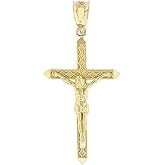 14K Yellow Gold 1-1/4" Crucifix Passion of Christ Cross Pendant Necklace - Choice of Rolo Chain Length or Charm Only