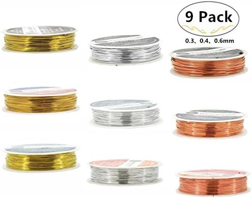 Magnolora 9 Spool 0.3, 0.4, 0.6mm Tarnish Resistant Bare Copper Wire Jewelry Beading Wire Roll for Crafts Beading Jewelry Making