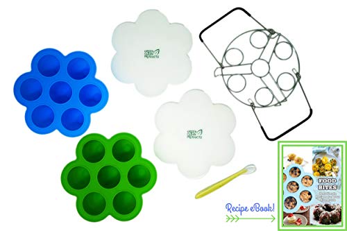 2 Silicone mold egg bites and steamer rack with handles | 6 & 8 qt instant pot & pressure cooker accessory | Reusable food storage & freezer tray with lid | 2 sets, 2 lids, 1 spoon, free e-cookbook