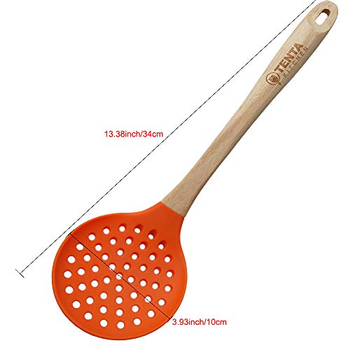 Tenta Kitchen Silicone Slotted Skimmer Slotted Spoon Slotted Ladles with Good Grips Ergonomics Light Wooden Handle, Heat Resistant Cooking Utensils for Kitchen Cooking Baking (Red 1pc)