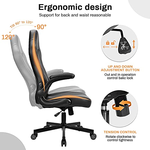 BASETBL-Silla-Oficina-Ergonomica-Silla-Gaming-Cuero-PU-con-Altura-Ajustable-Silla-Racing-Apoyabrazos-Abatibles-Silla-Escritoria-Giratoria-Carga-Max-150kg-Negro