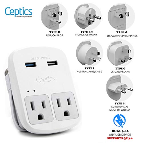 World Travel Adapter Kit by Ceptics - QC 3.0 2 USB + 2 US Outlets, Surge Protection, Plugs for Europe, UK, China, Australia, Japan - Perfect for Laptop, Cell Phones, Cameras - Safe ETL Tested