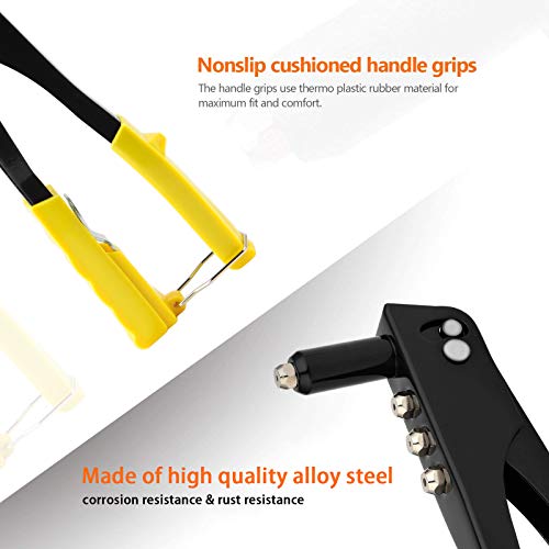 Toolwiz Heavy Duty Rivet Gun Steel Hand Riveter Kit for Sheet Metal Wooden Plastic Automotive and Duct Work w/4 Different Nozzles-2.4mm 3.2mm 4.0mm 4.8mm (3/32" 1/8", 5/32" & 3/16")