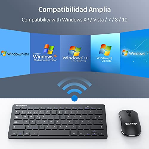 TECKNET Silent Wireless Keyboard, Mini Ergonomic Keyboard and Mouse Ultra Thin, Working Distance of 15 M, 2.4G Mini Portable Keyboard for PC/Smart TV/Computer (Spanish, with Ñ)