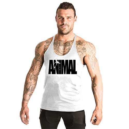 Men's BodyBuilding Y-back Tank Top Animal Stringer Gym Shirt White XXL