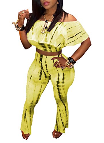 LROSEY Women Summer Ruffle Off The Shoulder Tops Short Sleeve Shirts 2 Piece Outfits Wide Leg Pants Set Plus Size