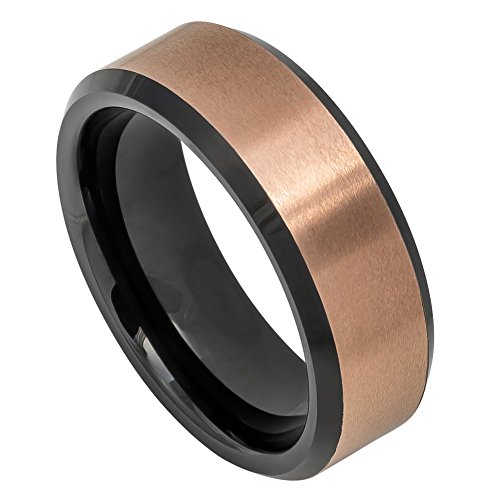 Tungsten Carbide 8mm Two-tone Brushed Rose Gold IP Finish Black IP Inside Beveled Edge Wedding Band Ring
