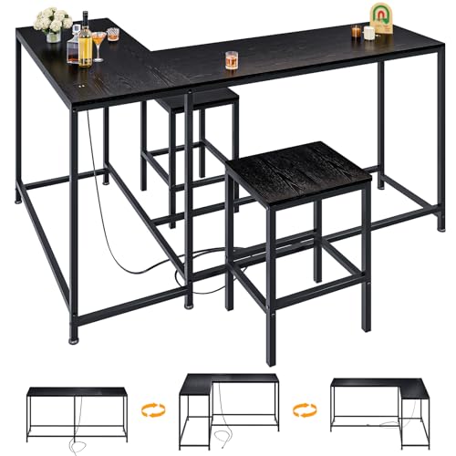 Simple Wisdom Barra Desayunador para Cocina,Barra de Cocina Convertible en Forma de L con Tomas de Corriente,Barras para Cocinas Pequeña de 3 Piezas y 2 Taburetes,Juego de Mesa de Bar(Color Negro)
