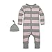 Burt's Bees Baby - Unisex Baby Romper and Hat Set, One Piece Jumpsuit and Beanie Set, 100% Organic Cotton, Blossom/Heather Grey Rugby Stripe, 6-9 Months