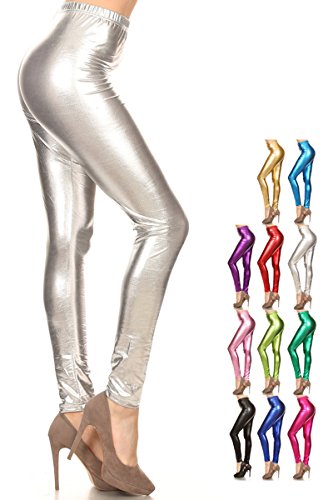 Leggings Depot Liquid Wet Look Shiny Metallic High Waist Stretch Leggings (MEDIUM, SILVER)