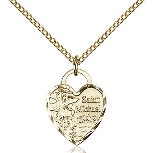 Gold Filled St. Michael Heart Pendant 5/8 x 1/2 inches with 18 inch Gold Filled Curb Chain