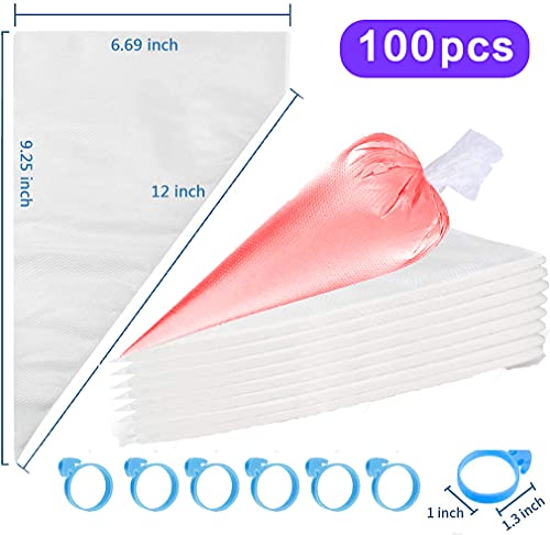 Thickened-Piping bags-Disposable Pastry bag-100pcs icing piping bags&6Pieces Pastry Bag Ties, Cake Cupcake Decorating Bags for Icing and Frosting (12 Inch)