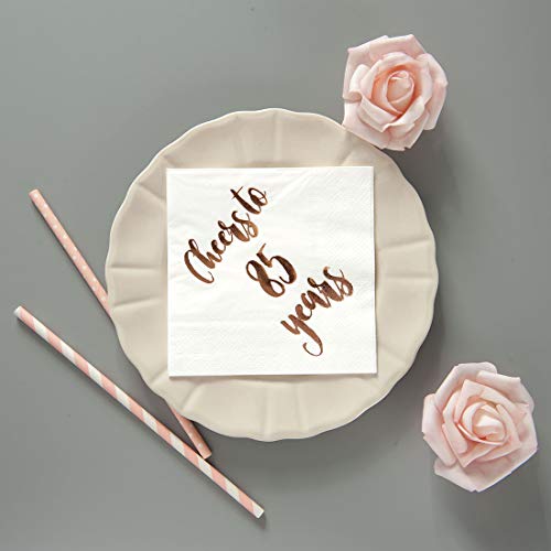 Cheers to 85 Years Cocktail Napkins, 50-Pack 3ply White Rose Gold 85th Birthday Dinner Celebration Party Decoration Napkin