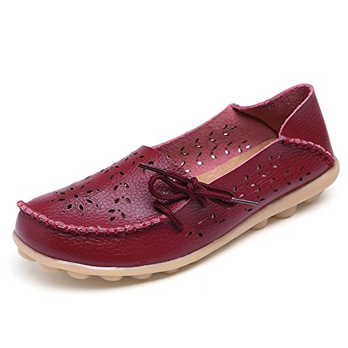 Fantiny Women's Genuine Leather Loafers Casual Moccasin Driving Shoes Indoor Flat Slip-On SlippersMMX2-Wine red-38