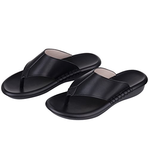 Women's Leather Thong Flip Flop Wedge Sandals - Thumbnail 5
