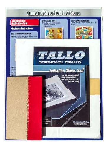 100 Sheets Imitation Silver Leaf Size 6-1/4” x 6-1/4” (16x16cm), Free Pick-up Tools and Apply Instructions, Loose Leaf Pack, Imitation Silver foil Sheets for Art, Crafts & Furniture