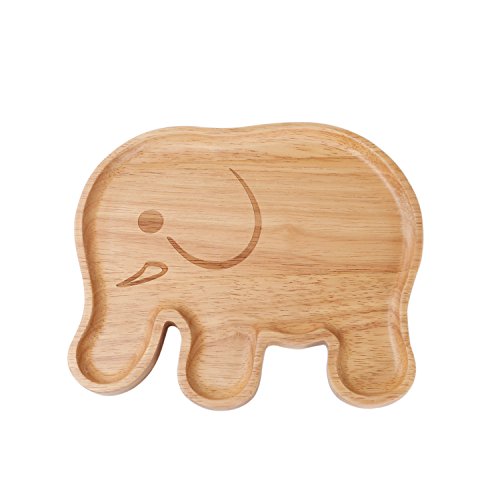 Geeklife Rubber Wood Baby Plate - Cute Elephant Natural Wood Dishes for Kids