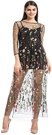 Black Floral Embroidered Mesh Maxi Dress,Women Silk Dress Skirt