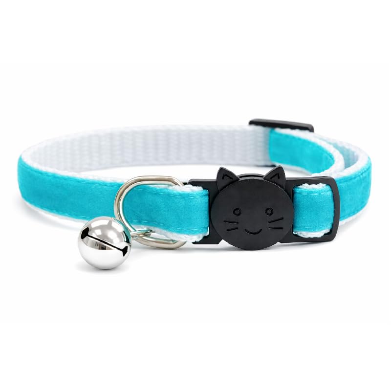 Velvet Cat Collars with Bell | Quick Safety Release Breakaway Buckle | Handmade in the UK | Available in Cat & Kitten Size | Turquoise Velvet — image 1