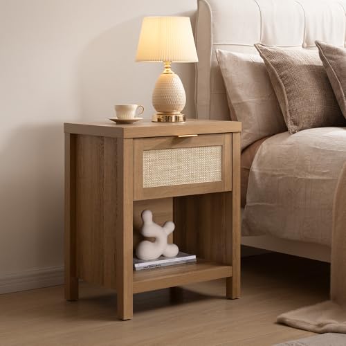 SICOTAS Rattan Nightstand Set of 2 - Farmhouse Night Stand with Drawer and Storage Shelf - Boho Bedside Table End Table Side Table Accent Table for Bedroom