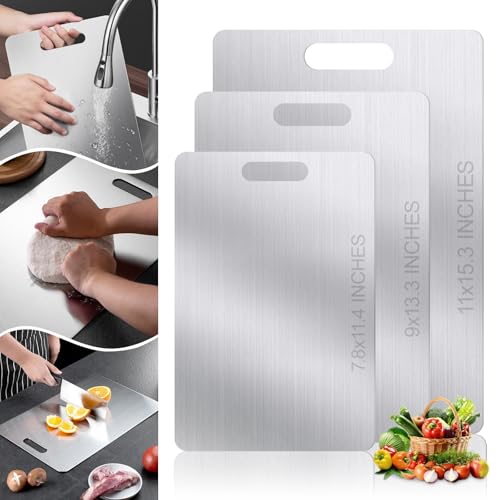 ZYJXLY Juego de 3 Tablas de Picar para Cocina,Tablas para Picar Cocina de Acero Inoxidable 304, Tabla De Cortar Acero Inoxidable,Titanium Cutting Board,Resistente, Fácil de Limpiar