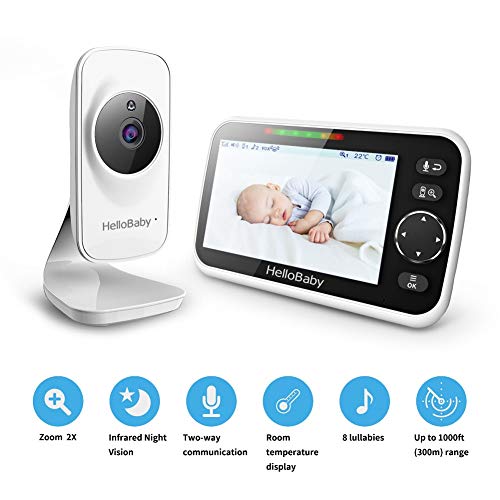 HelloBaby 5\'\' Video Baby Monitor with Camera and Audio, Color LCD Screen, Infrared Night Vision Camera, Temperature Display, Lullaby, Two Way Audio and VOX Mode, HB50