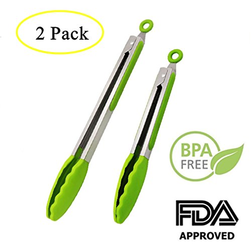 2 Pack Silicone Kitchen Tongs (9-Inch And 12-Inch) Heavy Duty Nonstick Cooking Tongs With Silicone Tips,Heat Resistant;Non-slip Silicone Tongs For BBQ,Cooking,Grilling,Baking. (Green)