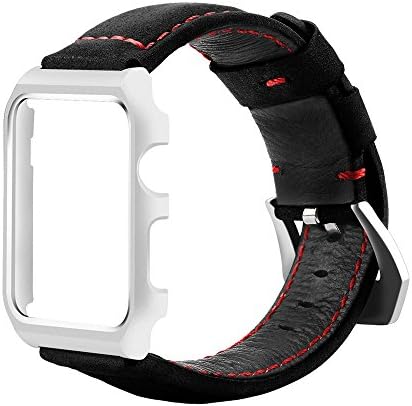 LOYUT Watch Band Leather Replacement Band with Metal Clasp＋Metal Watch Case Protective Cover for Apple Iwatch Series 1/2 (38Black-Silver Frame)