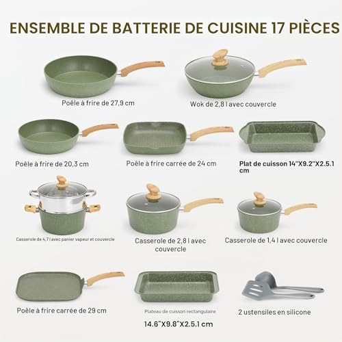 17 Pièces Poêles et Casseroles à Induction Vert