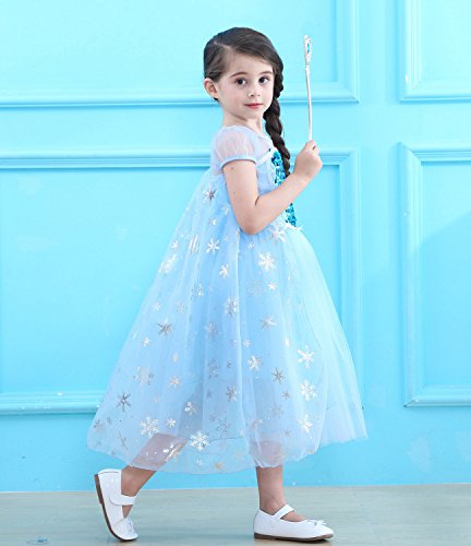 Cotrio Elsa Costume Dress Girls Snow Queen Princess Dresses Kids Halloween Outfit Clothes Party Fancy Dress with Wig, Gloves, Tiara, Wand Size 8 (7-8 Years, Blue, 130)