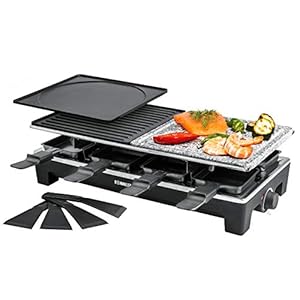 ROMMELSBACHER Raclette Grill RCS 1350 – 2 Wendegrillplatten, 1 Steingrillplatte, 8 Pfännchen, 8 Schaber…