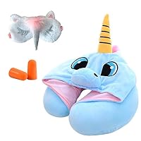HADM Animal Hooded Unicorn Travel Neck Pillow U Shape Airplane Pillow with Rainbow Unicorn Sleeping Eye Mask and Earplug
