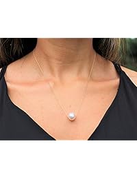 14K Gold Chain Necklace with Floating White Freshwater Cultured Pearl Pendant, 18" (Choice of Pearl Sizes and Gold Colors)