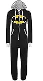 URAQT Unisex Batman Superman Print Hooded Zip Front All In One Piece Onesie Jumpsuit Black