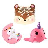 Ouflow 3 Packs Jumbo Squishies Slow Rising Cute Deer Cake,Unicorn Moon,Narwhale Set Cream Scented Squeeze Toy for Stress Relief,Decorative Props Large