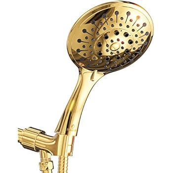 Aquarius Handheld Shower Head With Hose (Extra Long) Luxury Spa Grade High Pressure Hand Held Showerhead With 6 Spray Settings - Adjustable Brass Ball Holder & Teflon Tape (Polished brass)