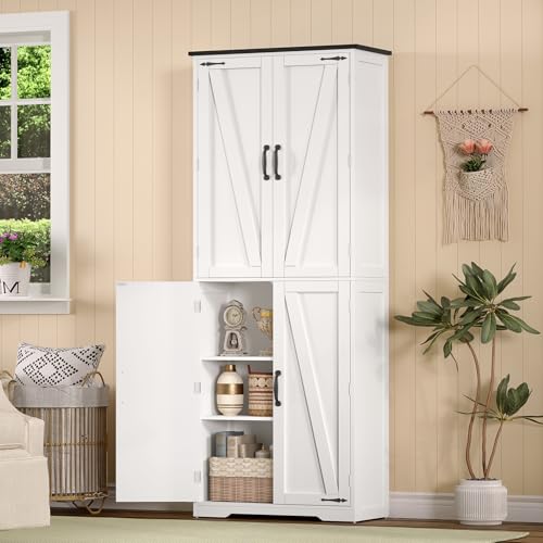 TEENFON 67" Kitchen Pantry Cabinet with 4 Doors, Farmhouse Pantry Cabinet with Adjustable Shelves, Storage Cabinet for Kitchen, Bathroom, White