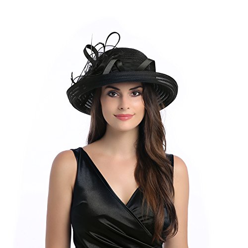 Dantiya Women's Organza Wide Brim Bowler Hat Kentucky Derby Church Dress Sun Hat (Black) - Thumbnail 3