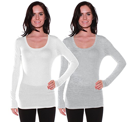 Active Basic Womens Plain Basic Scoop Neck Long Sleeves Tshirt Tee Top - 2 PK - White, H Gray, L