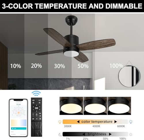 Ohniyou 38 Inch Ceiling Fan with Light and Remote, Small Outdoor Ceiling Fans with APP Control Dimmable Light, DC Ceiling Fan for Covered Porch