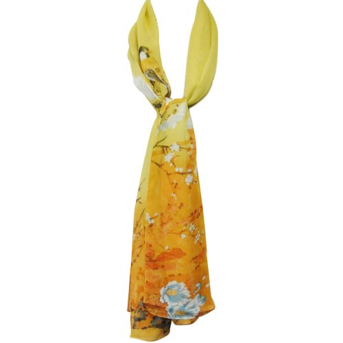Wrapables Floral Bird Print Polyester and Silk Oblong Scarf, Sunglow