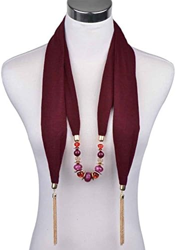 LERDU Womens Solid Cotton Jewelry Beads Pendant Scarf with Fringe Burgundy