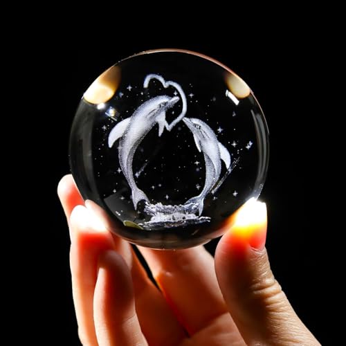 KESI Ornaments Dolphin Crystal Ball with LED Wooden Base, Crystal Dolphin Figurine Paperweight Ornaments, 3D Laser Engraved Decorative Glass Night Light Gifts for Girls or Boys for Baby Nursery Decor 1