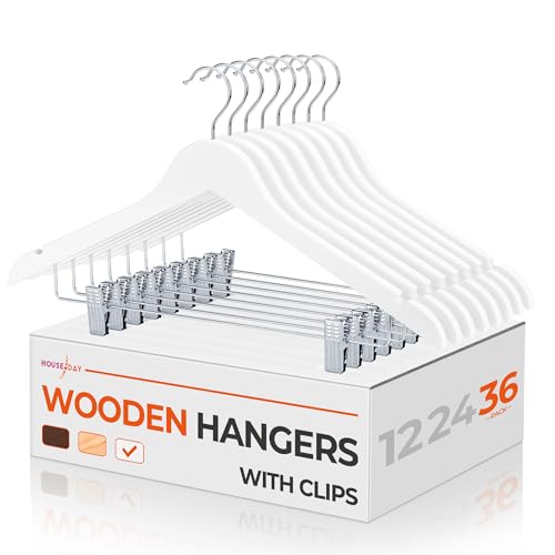 HOUSE DAY Wooden Hangers with Clips, 36 Pack, White Wooden Clothes Hangers, Premium Finish, Suitable for Suits