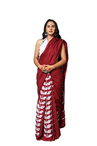 Checks & Leaf Block Print Cotton Saree with Blouse Piece