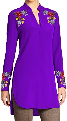Kurti Mania Silk Tunic Embroidered Shoulders and Cuffs (Purple, 3X)